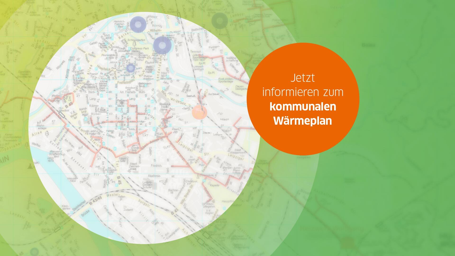 Ausschnitt eines Stadtplans von Hanau mit farbigen Markierungen und dem Text: Jetzt informieren zum kommunalen Wärmeplan.