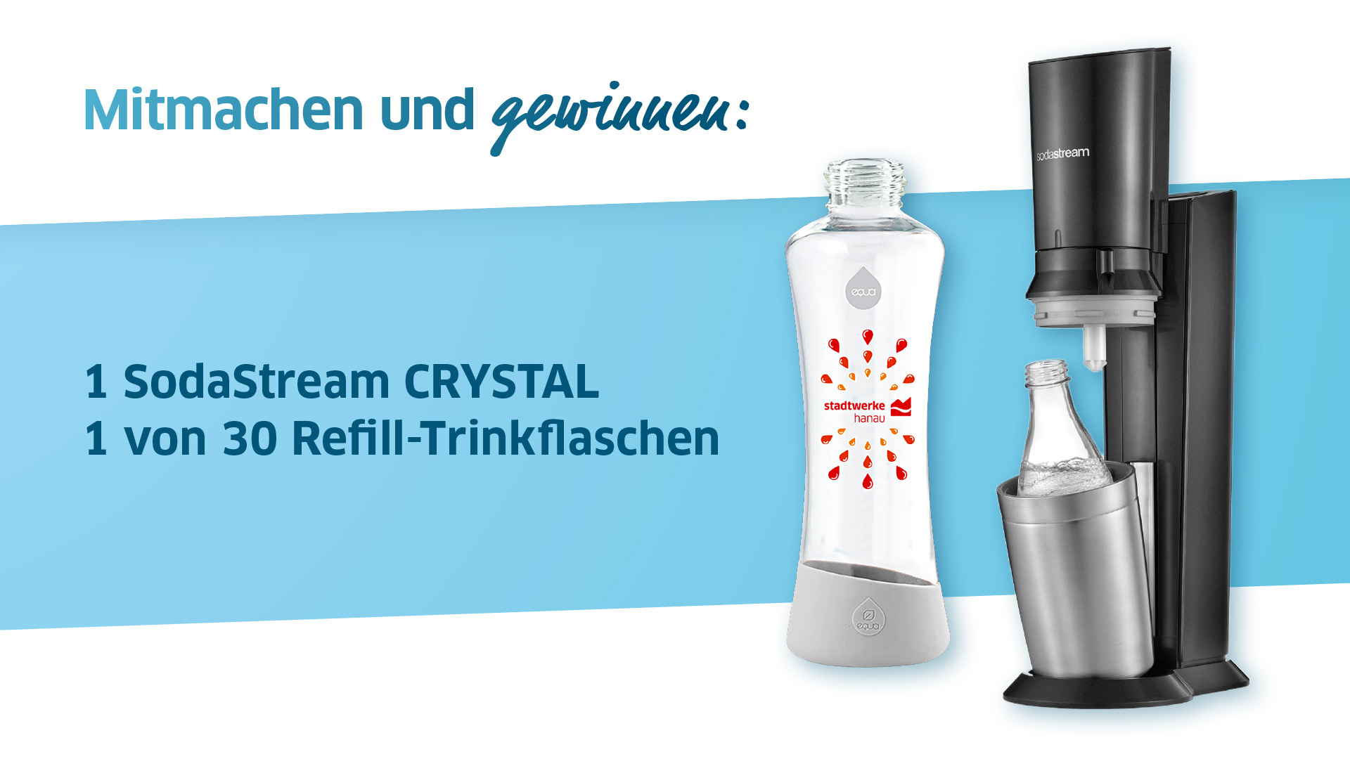 Mitmachen und gewinnen. Sie sehen die Preise des Gewinnspiels: ein SodaStream CRYSTAL und eine Refill-Trinkflasche